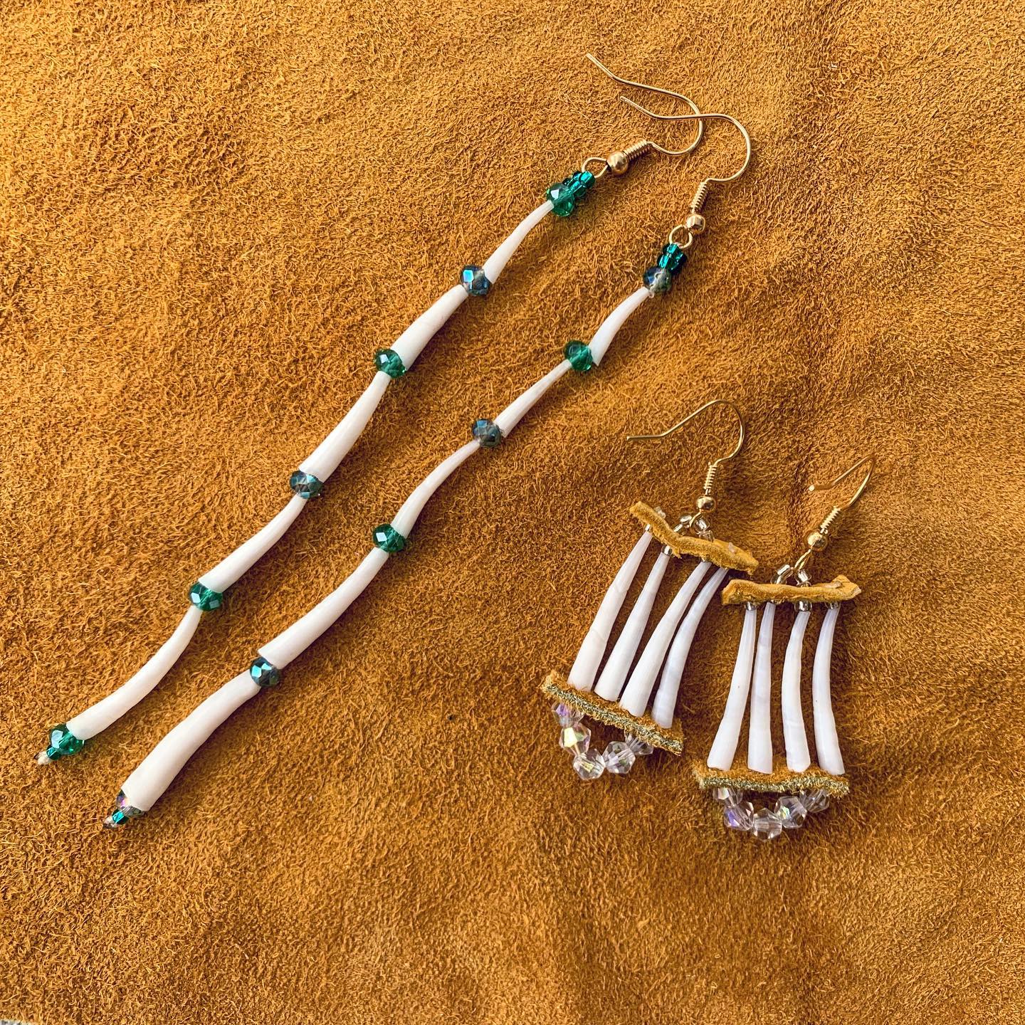 Tiny dentalium & blue glass bead chains and single-tier micro dentalium earrings looking for a new home.These earrings are VERY tiny and dainty (each shell is roughly 5/8” long). Each dentalium piece was carefully sanded and shaped.